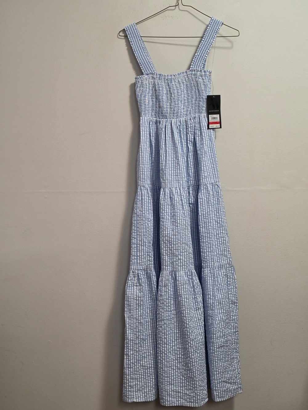 Night West Mocked Bodice Light Blue Gingham Tiered Maxi Dress